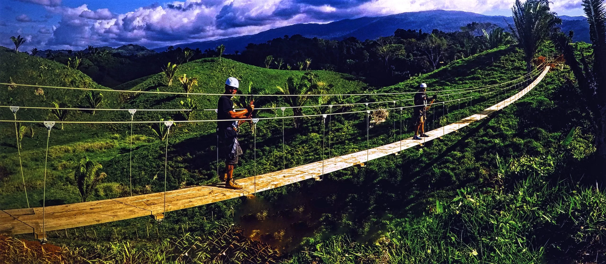 Ecoproparks. Puente de madera sobre pradera llena de césped.